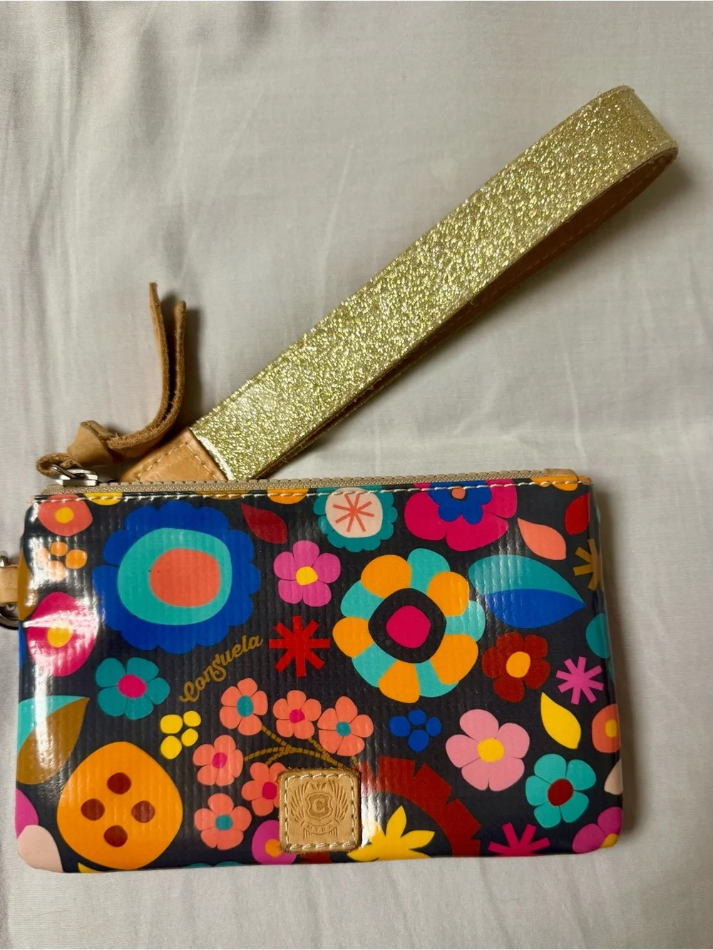 Consuela Black Multicolor Floral Wristlet with Gold Strap